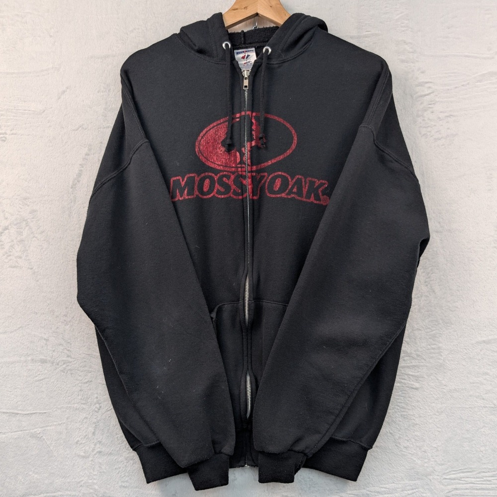 VTG Jerzees Hoodie Men's XL Black Red Mossy Oak Full Zip Outdoor Skater Hunt Y2K